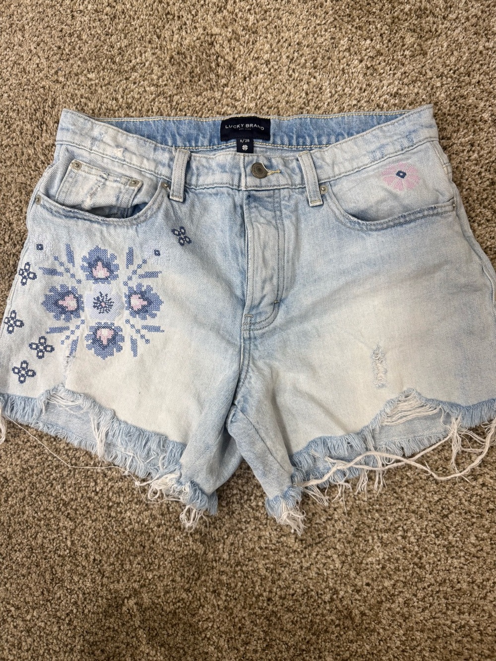 Lucky Brand Light Blue Embroidered Frayed Denim Shorts